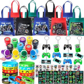 Winrayk Video Game Party Favors Gamer Birthday Supplies for Kids, Non Woven Bag Silicone Bracelet Stamper Glow Sticker Keychain 12 Sets Game on Pinata Filler Goody Bag Stuffer Boys Gaming Party Favors
