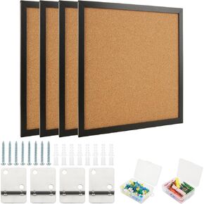 4PCS 12"X 12" Cork Bulletin Board for Walls, 1/2" Thick Black Framed Corkboard for Wall, Square Cork Board Pin Board for Office, Home & School Decor