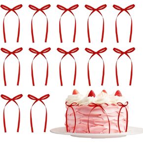 Penta Angel Bow Cake Toppers 20pcs intage satin bowknot ribbons cupcake cuquette coquette arider the bridal bridal dustom decoration (Red)
