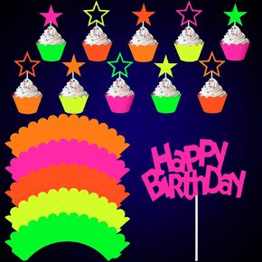 Dianelhall 41 قطعة Neon Cupcake Toppers Party Decorations توهج في الكعكة السعيدة عيد ميلاد سعيد أغلفة كب كيك ونجمة لحفل الزفاف الأسود الخفيف التفاعلي لوازم الزخارف