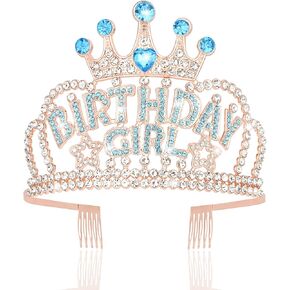 WeCoe Rose Gold Birthday Girl Crown Rhinestone Tiara حفلة عيد ميلاد سعيد تفضل زخارف عيد ميلاد الوردي 16 هدايا عيد الميلاد الخامس والعشرين لها