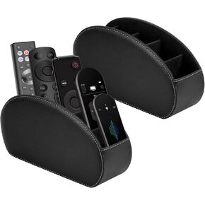 RETON 2 Pack Remote Control Holder with 5 Compartments, Black TV Remote Controller Caddy, PU Leather Desktop Remote Organizer Box for Media Nightstand Makeup Brush Office Supplies