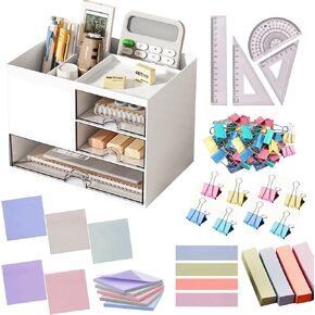Catekro Pen Organizer with 3 Drawer, Desk Top Accessories Stationary Organizer Desk Caddy, Multi-Functional Pencil Holder for Desk Organizers with 5 Compartments for Office Art Supplies(White)
