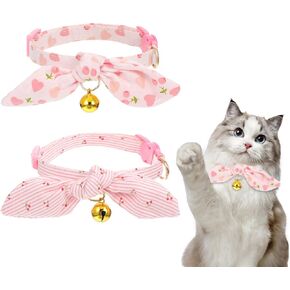 2pcs Cat Collars for Girl Cats, Cotton Bowtie Cat Collar with Bell, Breakaway Kitten Collars Adjustable Cherry Pattern Bowknot Cat Collar for Female Girl Cats (Pink S)