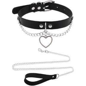 Dog's Cat's Collar with Heart Pendant, Pet Chain Leash with Soft PU Handle for Neck 11-15 inches