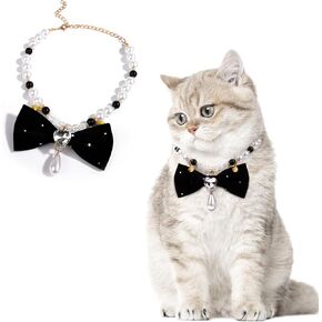 Howwfaly Dog Princess Perllar Pendant Cat Black Bowtie Pearl Peat Pet Heart Diamonds Twhible مع سلسلة من الفولاذ المقاوم للصدأ لسلسلة الذهب للحيوانات الأليفة الصغيرة المتوسطة القطط الكلاب هريرة الجرو