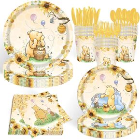 140pcs كلاسيكية دب دش استحمام الطفل أدوات الطاولة استحمام الطفل مع لوحات ، منديل ، شوك ، لافتة الكؤوس وملسمة المائدة لمجموعة لوازم حفلة عيد ميلاد بوه يقدم 20 ضيفًا (وردي)
