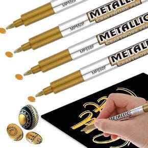 Jeffdad 4 Pcs Gold Paint Pen Paint Markers, Gold Permanent Acrylic Markers,1.5mm Medium Tip Paint Pens, Wateproof Paint Markers for Rock, Fabric, Metal, Wood, Plastic, Canvas, Leather, Glass