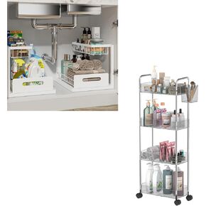 REALINN 2 Pack White Under Sink Organizer + 1 Pack Grey Rolling Storage Cart Bundle