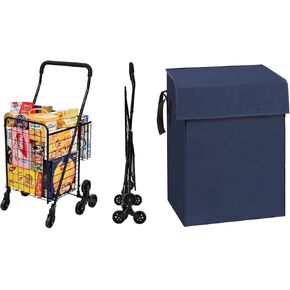 Grocery Shopping Cart with 360° Rolling Swivel Wheels Stair Climber with Blue Liner