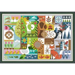 Meecaa Cross Stitch Kits 14 Count Stamped ، Tree Bird Animal Building Fox Seasons Kit مع إكسسوارات مطبوعة مسبقًا (فور مواسم)