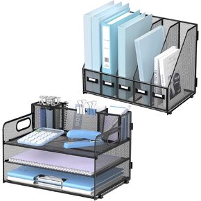 حامل ملفات مجلة 5-Compartment Supeasy و 3 Tier Desk Organizer مع حاملي المقبض والقلم ، والمنظمين المكتبيين والملحقات ، والشبكة المعدنية ، والأسود