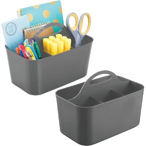 mDesign Plastic Small Office Storage Organizer Utility Tote Caddy with Handle for Cabinets, Desks, Workspaces - Hold Desktop Office Supplies, Pencils, Staplers Lumiere Collection, 2 Pack, Dark Gray
