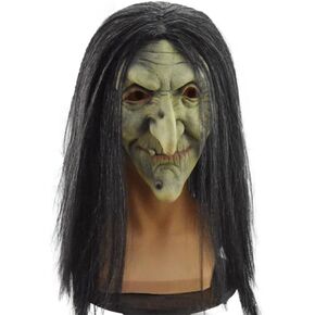 Old Woman Witch Mask Creepy Scray Green Witch Face Mask with Hair and Hat Wizard Dress up Mask Halloween Cosplay Costume