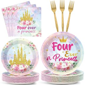 96pcs Princess Birthday Party Supplies Four Aver A Princess Plate و Fedabkin Watercolor Pastel Rainbow Castle الرابع