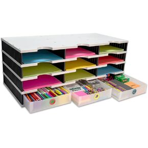 TierDrop Desktop Organizer 12 Letter Tray Sorter with 3 Supply Drawers - Stores All of Your Documents, Forms, & Frequently Used Supplies in Clear View and Within Arm's Reach, Using Minimal Desk Space