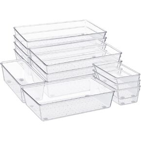 12 PCS منظم درج كبير مجموعة صينية منظم بلاستيكي صافٍ 3 حجم (12x6 ، 9x6 ، 6x3) صندوق تخزين المكتب مع مقسم تخزين أكريليك غير متزلج لمطبخ مكياج الغرور.