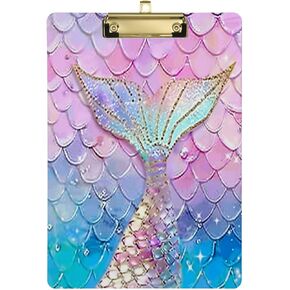 Mermaid Tails Custom Acrylic Clipboard Letter Size Shiny PVC Clipboards for Students, Women, Man and Kids, A4 Standard Size 9" x 12.5" with Low Profile Metal Clip