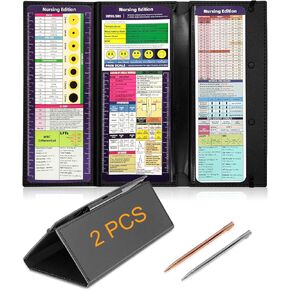 2PCS طقم طيبة الحافظة القابلة للتمريض مع تمريض وطبعة طبية أوراق الغش Trifold قابلة للطي مقاطع مقطع مع 2 قلم للطلاب والممرضات والأطباء (أسود)