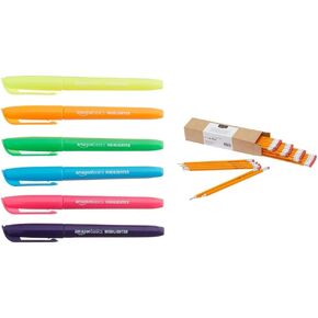 Amazon Basics Chisel Tip, Fluorescent Ink Highlighters, Assorted Colors - Pack of 12 & Woodcased #2 Pencils, Pre-sharpened, HB Lead, Box of 30