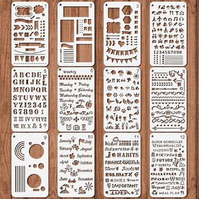 Journal Stencils for Dotted Journals – 12PCS Planner Accessories with Monthly/Weekly Layouts, Icons, Charts & Shapes for Journaling