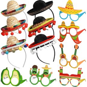Janinka 12 PCS Cinco de Mayo Party Supplies with 6 Sombrero Headballs 6 Paper Eyeglasses Mexican Party Forms Decorations Fiesta Paper Paper Gears Props Props Fiesta Excessories for البالغين
