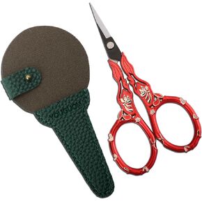 Antique Embroidery Scissors with Case, Needlework Scissors for Sewing Crafting Cross Stitch Crochet Yarn, Detail Shears Threading Snips Vintage Golden Red