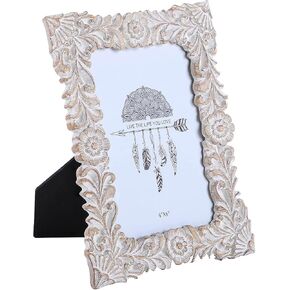 NIKKY HOME Hand Carved Floral 5x7 Picture Frame Rustic Boho Style Mango Wood Design with White Distressed Finish, Natural Wood Color