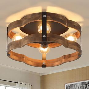 4-Light Large Rustic Farmhouse Flush Mount Ceiling Light Fixture 16.5 inch Oak Wood Round Drum Semi Flush Mount Ceiling Light for Bedroom Hallway Entry Dining Farmhouse Living Room, Black