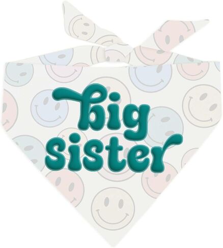 Big Sister Puff Printed Dog Bandana | Multi-Colored Fringe | 100% Cotton Adjustable Triangle | Pregnancy Announcement Photoshoot Prop | New Baby | Gender Reveal |White, Trim 4 (1289) in Kuwait