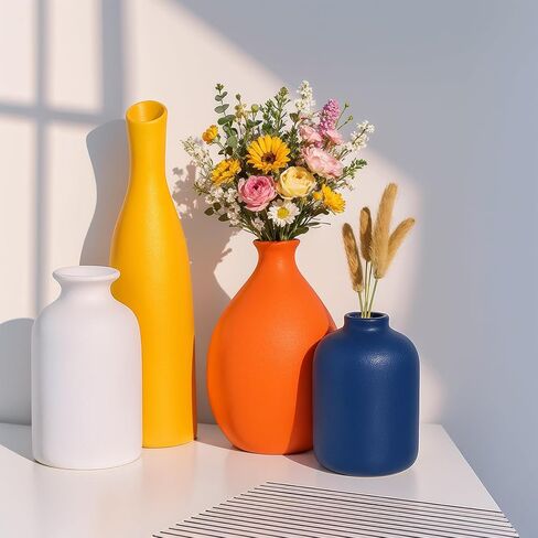 Multi-Color Ceramic Small Bud Vases Set of 4, White Yellow Orange Blue Vase, Modern Minimalism Style Vases for Rustic Home Decor, Ideal Decorative Vases for Living Room, Dining Room, Mantel, Entryway in Kuwait