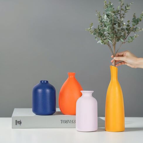 Multi-Color Ceramic Small Bud Vases Set of 4, White Yellow Orange Blue Vase, Modern Minimalism Style Vases for Rustic Home Decor, Ideal Decorative Vases for Living Room, Dining Room, Mantel, Entryway in Kuwait