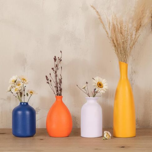 Multi-Color Ceramic Small Bud Vases Set of 4, White Yellow Orange Blue Vase, Modern Minimalism Style Vases for Rustic Home Decor, Ideal Decorative Vases for Living Room, Dining Room, Mantel, Entryway in Kuwait