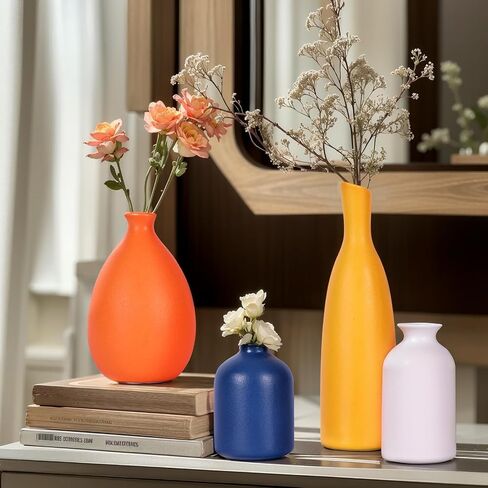 Multi-Color Ceramic Small Bud Vases Set of 4, White Yellow Orange Blue Vase, Modern Minimalism Style Vases for Rustic Home Decor, Ideal Decorative Vases for Living Room, Dining Room, Mantel, Entryway in Kuwait