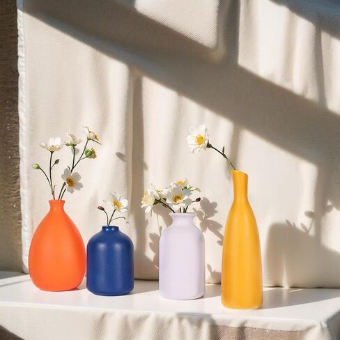 Multi-Color Ceramic Small Bud Vases Set of 4, White Yellow Orange Blue Vase, Modern Minimalism Style Vases for Rustic Home Decor, Ideal Decorative Vases for Living Room, Dining Room, Mantel, Entryway in Kuwait