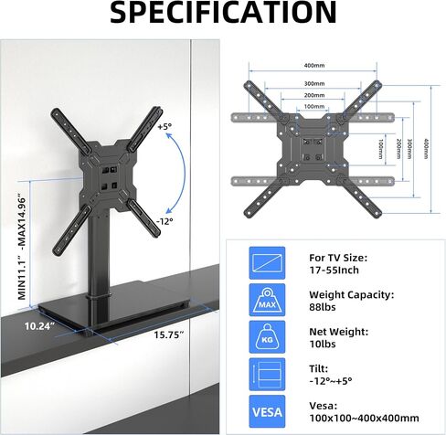 Universal Swivel TV Stand Base Table Top TV Stand for 32-75 Inch TVs 60 Degree Swivel, 12 Height Adjustable Monitor Mount Stand, Max VESA 600x400mm,Holds up to 99lbs TS204 in Kuwait