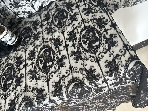55 Inch Lace Fabric Soft Black Skull Lace Fabric Cross Floral Tulle Fabric for DIY Dress Top Dress Sew,Party Overlay,Curtains,Tablecloth,Halloween Decor (Black (1 Yard)) in Saudi Arabia