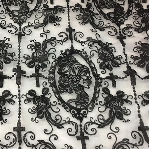 55 Inch Lace Fabric Soft Black Skull Lace Fabric Cross Floral Tulle Fabric for DIY Dress Top Dress Sew,Party Overlay,Curtains,Tablecloth,Halloween Decor (Black (1 Yard)) in Saudi Arabia