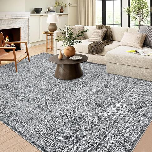 Washable 9x12 Area Rugs, Vintage Large Indoor Rugs for Living Room Bedroom or Dining Room, Ultra-Thin Soft Non-Slip Floor Carpet Foldable, Black/Rust in Kuwait