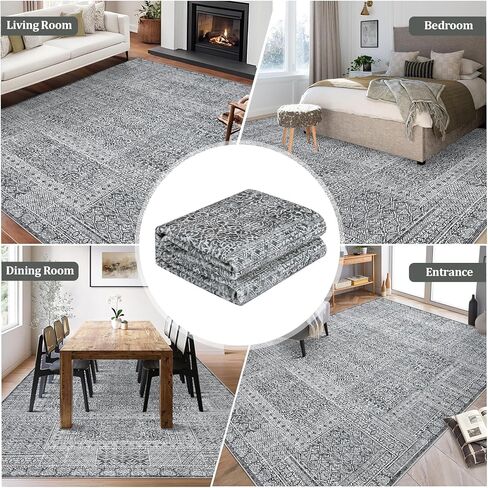 Washable 9x12 Area Rugs, Vintage Large Indoor Rugs for Living Room Bedroom or Dining Room, Ultra-Thin Soft Non-Slip Floor Carpet Foldable, Black/Rust in Kuwait