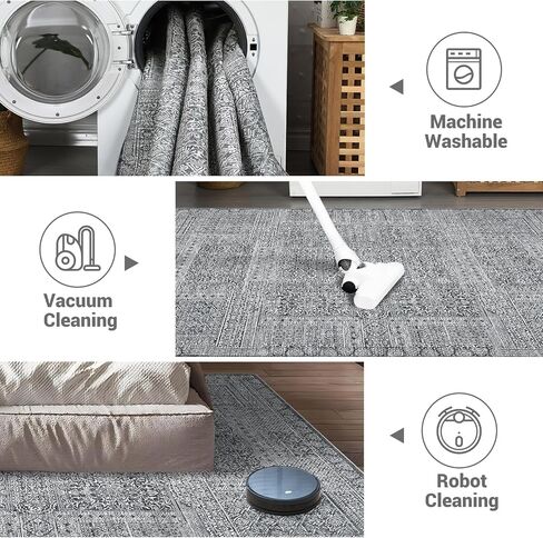 Washable 9x12 Area Rugs, Vintage Large Indoor Rugs for Living Room Bedroom or Dining Room, Ultra-Thin Soft Non-Slip Floor Carpet Foldable, Black/Rust in Kuwait