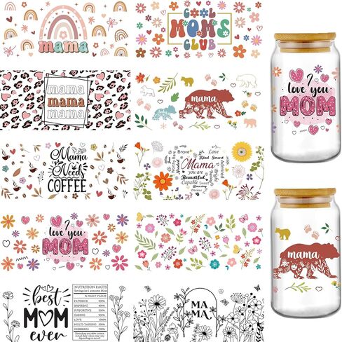 Afritee UV DTF Cup Wrap - 10 صفائح Boho Flower Mama UV DTF Cup Wrap for 16 Oz Glass Water Bottion ، Black Bear Mama Need UVDTF Transfer Stickers for Mug Crafts ، Mom Homies Hompts in Saudi Arabia