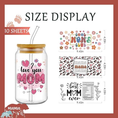 Afritee UV DTF Cup Wrap - 10 صفائح Boho Flower Mama UV DTF Cup Wrap for 16 Oz Glass Water Bottion ، Black Bear Mama Need UVDTF Transfer Stickers for Mug Crafts ، Mom Homies Hompts in Saudi Arabia