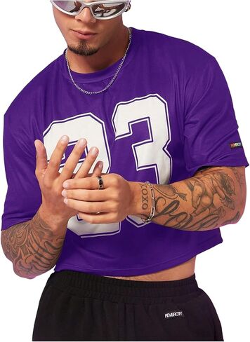 GORGLITTER Men's Number Print Short Sleeve Crop Tops Crewneck T Shirts Streetwear in Saudi Arabia