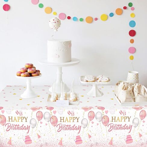 Pink Birthday Tablecloth, Birthday Tablecloth Girls, 1PC Pink Happy Birthday Table Cloth for Girls Women Birthday Party Decorations, Pink Gold Birthday Table Cover Rectangle for Baby Shower Party in Kuwait