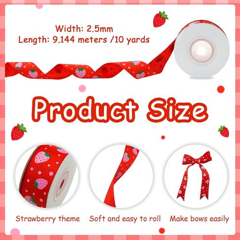 Pastel Red and Pink Strawberries with Polka Dot Grosgrain Ribbon, 1 inch x 10 Yards Fruits Ribbon for Spring and Summer Wreaths, Crafts, Trims, Hair Bow Making, Gift Wrapping (Pink) in Saudi Arabia