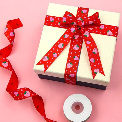 Pastel Red and Pink Strawberries with Polka Dot Grosgrain Ribbon, 1 inch x 10 Yards Fruits Ribbon for Spring and Summer Wreaths, Crafts, Trims, Hair Bow Making, Gift Wrapping (Pink) in Saudi Arabia