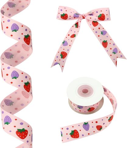 الفراولة الحمراء والوردية مع شريط البولكا دوت Grosgrain ، 1 بوصة × 10 ياردات الشريط الفواكه لأكباح الربيع والصيف ، الحرف ، حواف ، صنع القوس الشعر ، غلاف الهدايا (الوردي) in Saudi Arabia