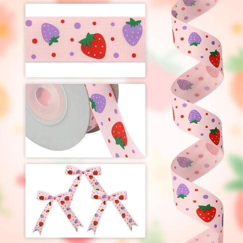 الفراولة الحمراء والوردية مع شريط البولكا دوت Grosgrain ، 1 بوصة × 10 ياردات الشريط الفواكه لأكباح الربيع والصيف ، الحرف ، حواف ، صنع القوس الشعر ، غلاف الهدايا (الوردي) in Saudi Arabia