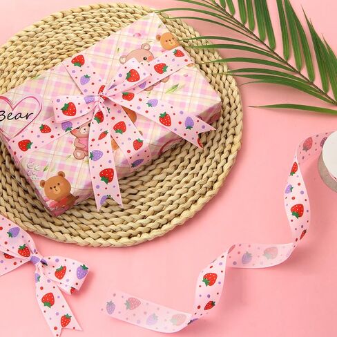 الفراولة الحمراء والوردية مع شريط البولكا دوت Grosgrain ، 1 بوصة × 10 ياردات الشريط الفواكه لأكباح الربيع والصيف ، الحرف ، حواف ، صنع القوس الشعر ، غلاف الهدايا (الوردي) in Saudi Arabia